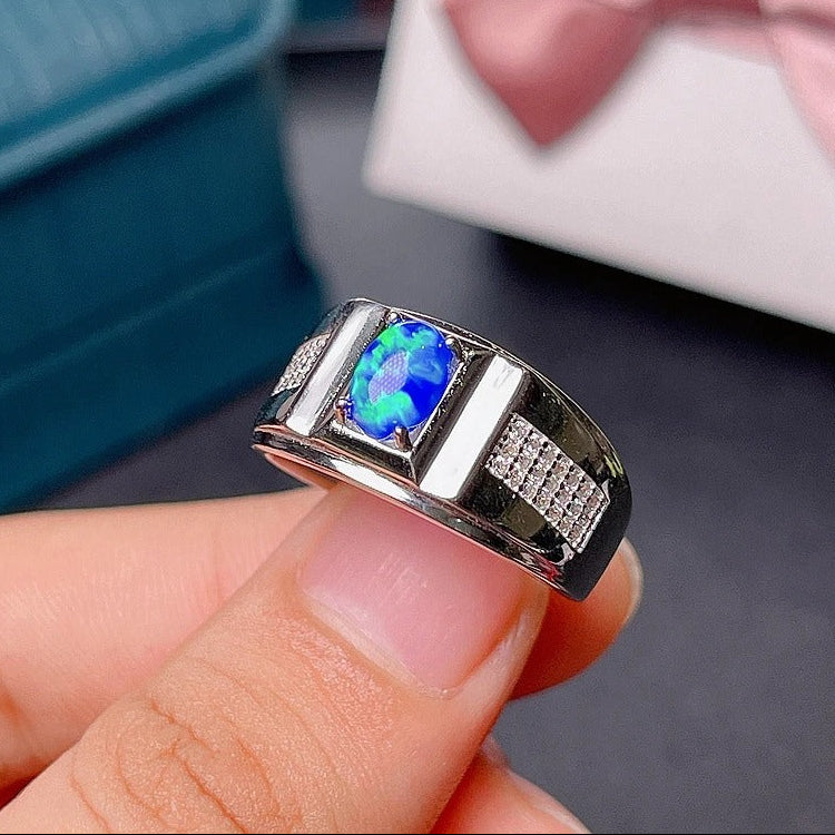Natural Australian Opal Men’s Ring | Blue Fire 925 Sterling Silver