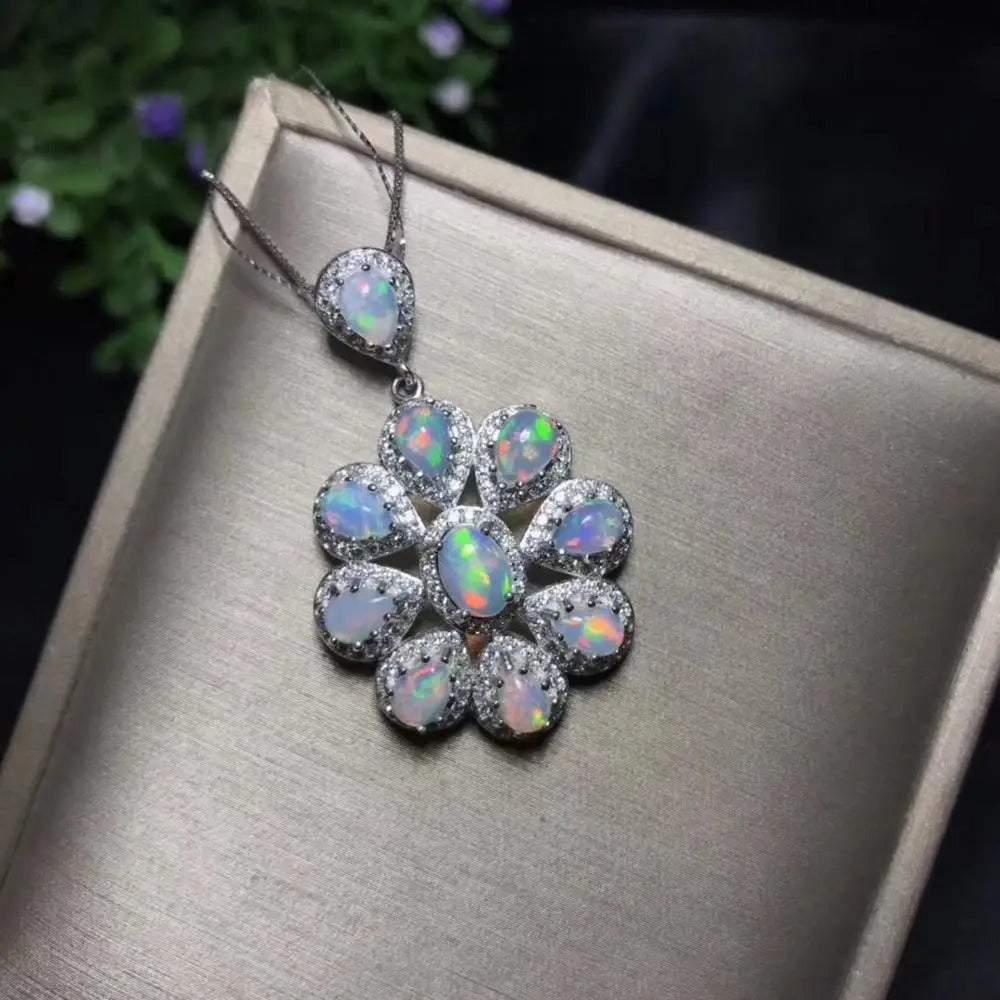 Luxury Natural Opal Flower Necklace – 925 Sterling Silver Handmade Pendant