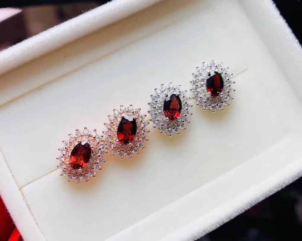 Natural Garnet Stud Earrings in 925 Sterling Silver | Elegant Red Gemstone Earrings for Women