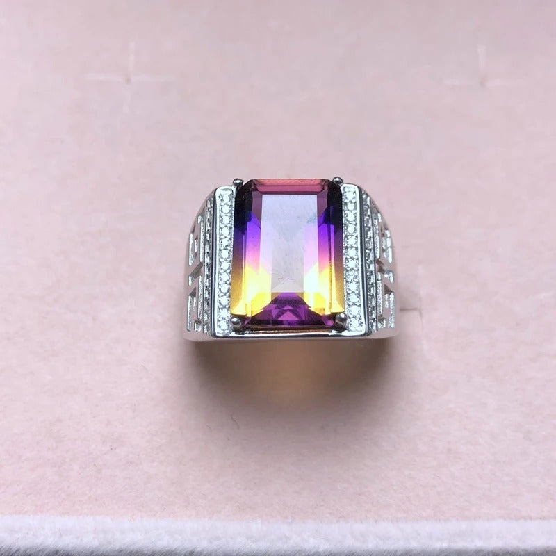 Natural Ametrine Men’s Ring in 925 Sterling Silver | Hollow Court Statement Ring