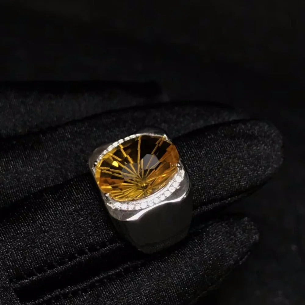 Natural Brazilian Citrine Men’s Ring – 925 Sterling Silver Luxury Gemstone Ring