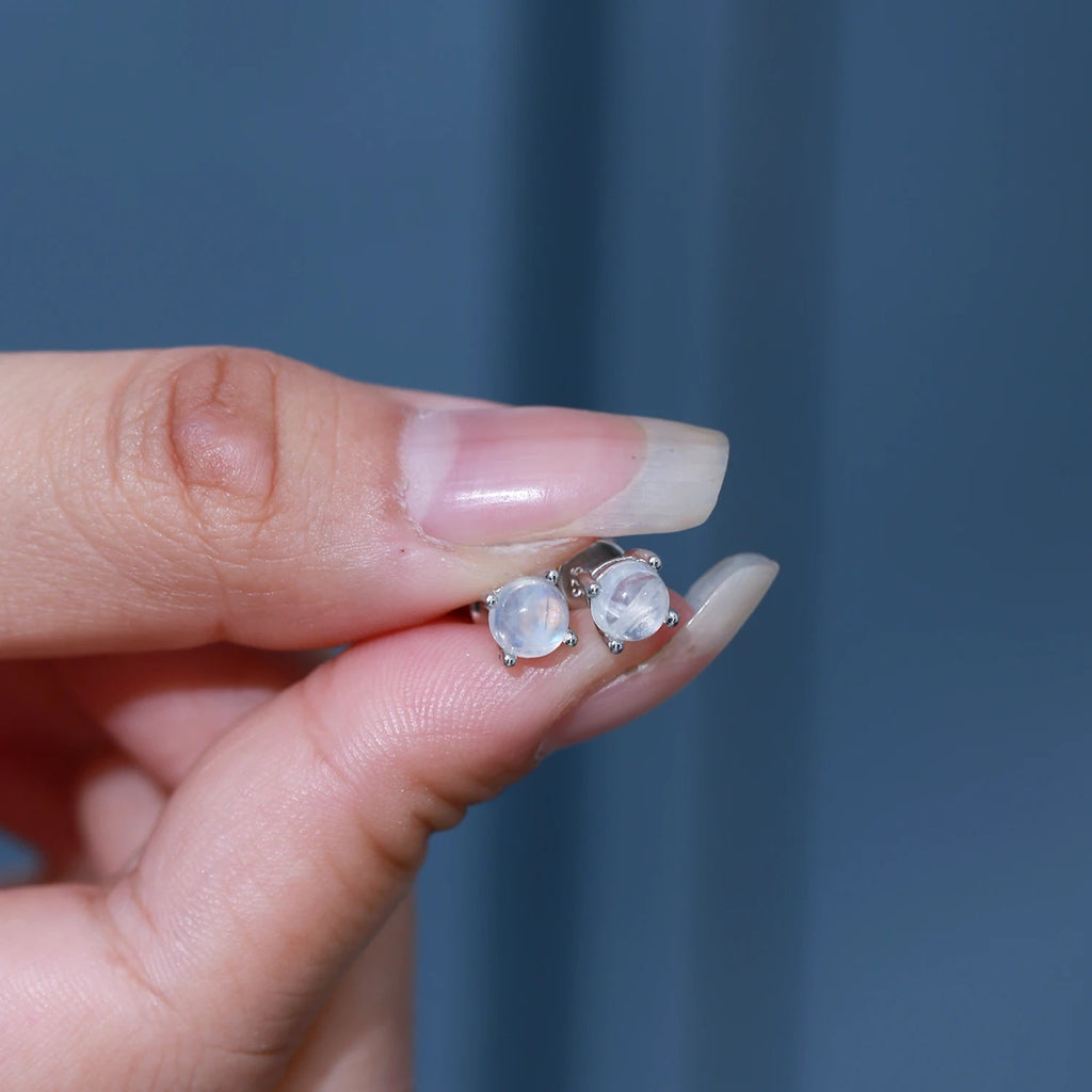 Natural Milky Blue Moonstone Stud Earrings | 5mm 925 Sterling Silver