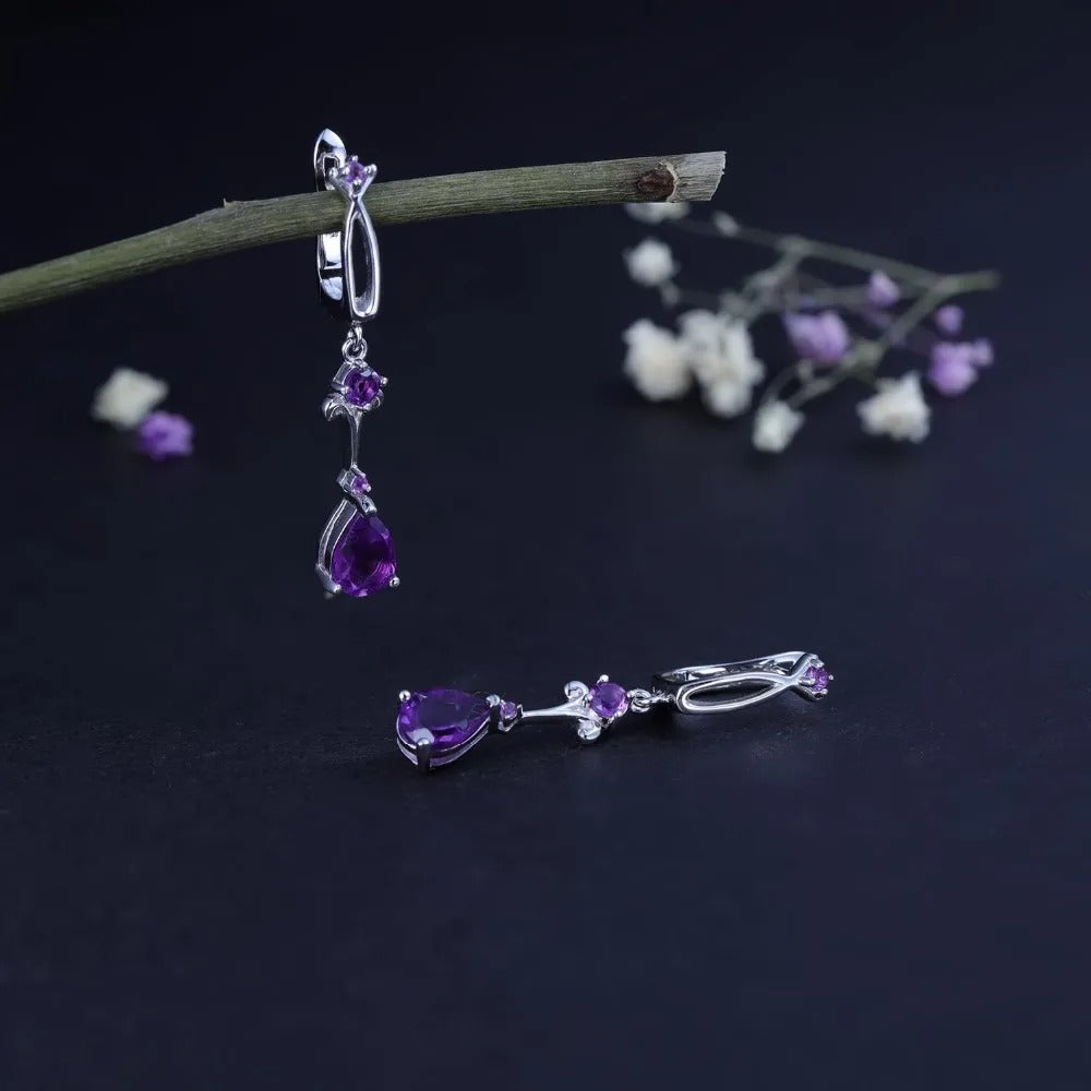 2.87Ct Natural Purple Amethyst Drop Earrings 925 Sterling Silver Vintage Flower