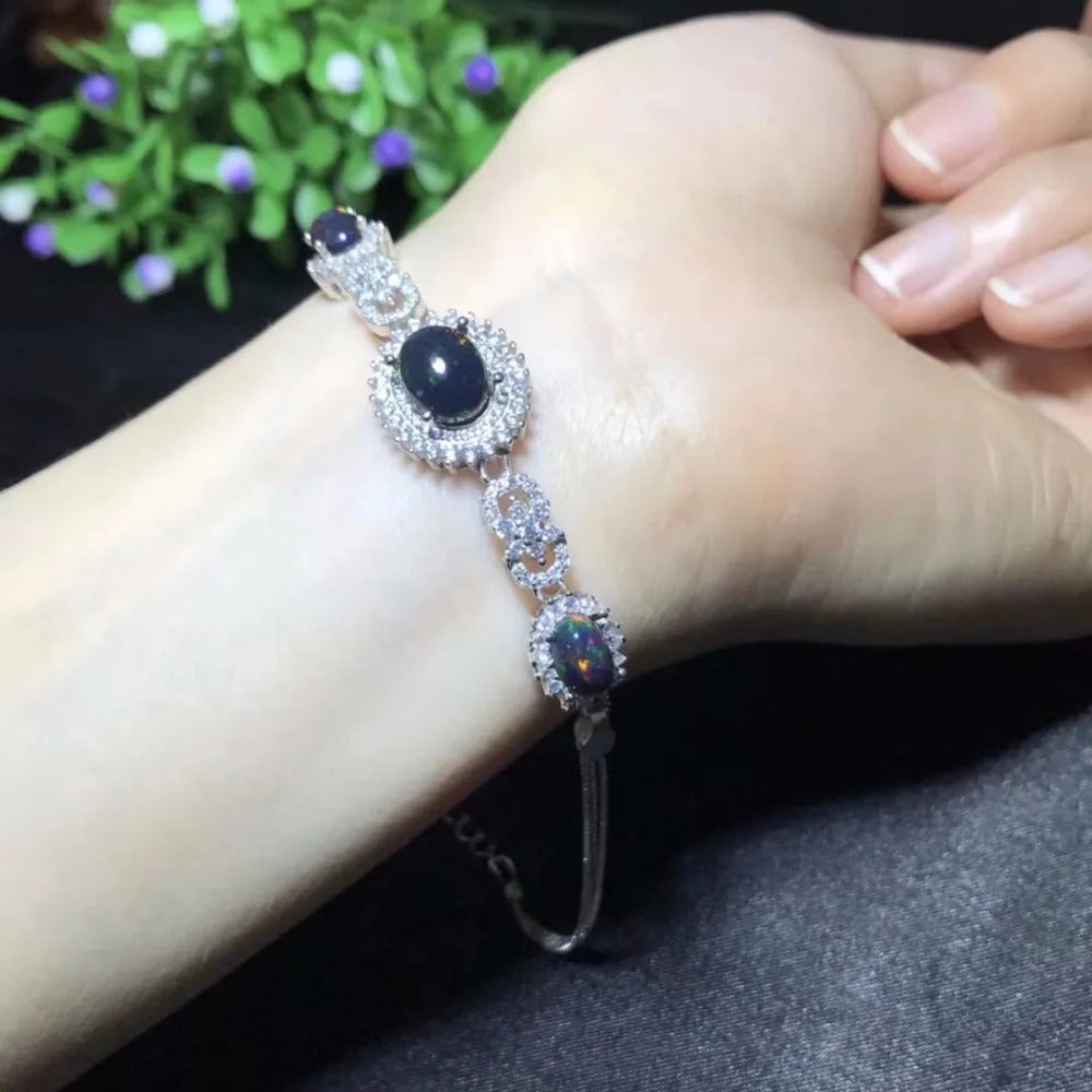 Natural Black Opal Bracelet in 925 Sterling Silver | Australian Color-Change Opal Jewelry