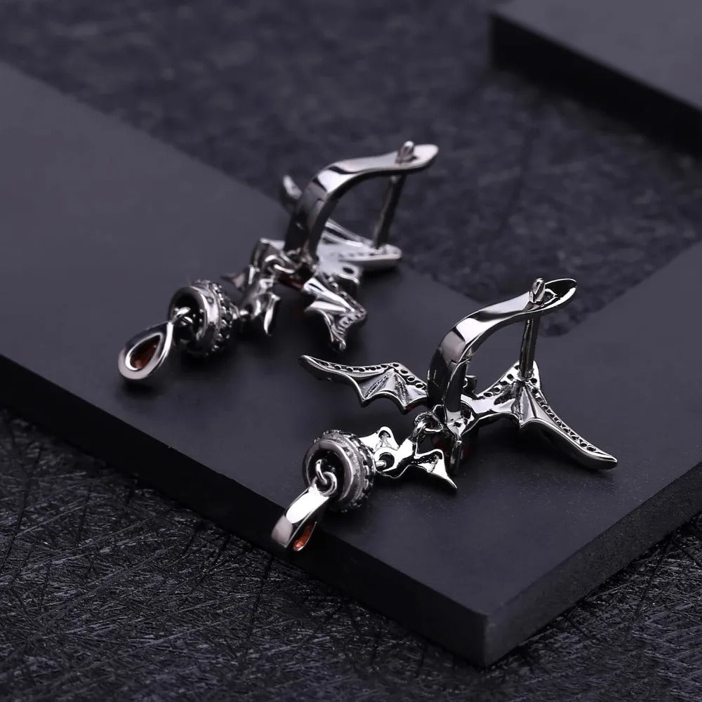 Natural Garnet Bat Drop Earrings – 925 Sterling Silver Gothic Punk Jewelry for Women