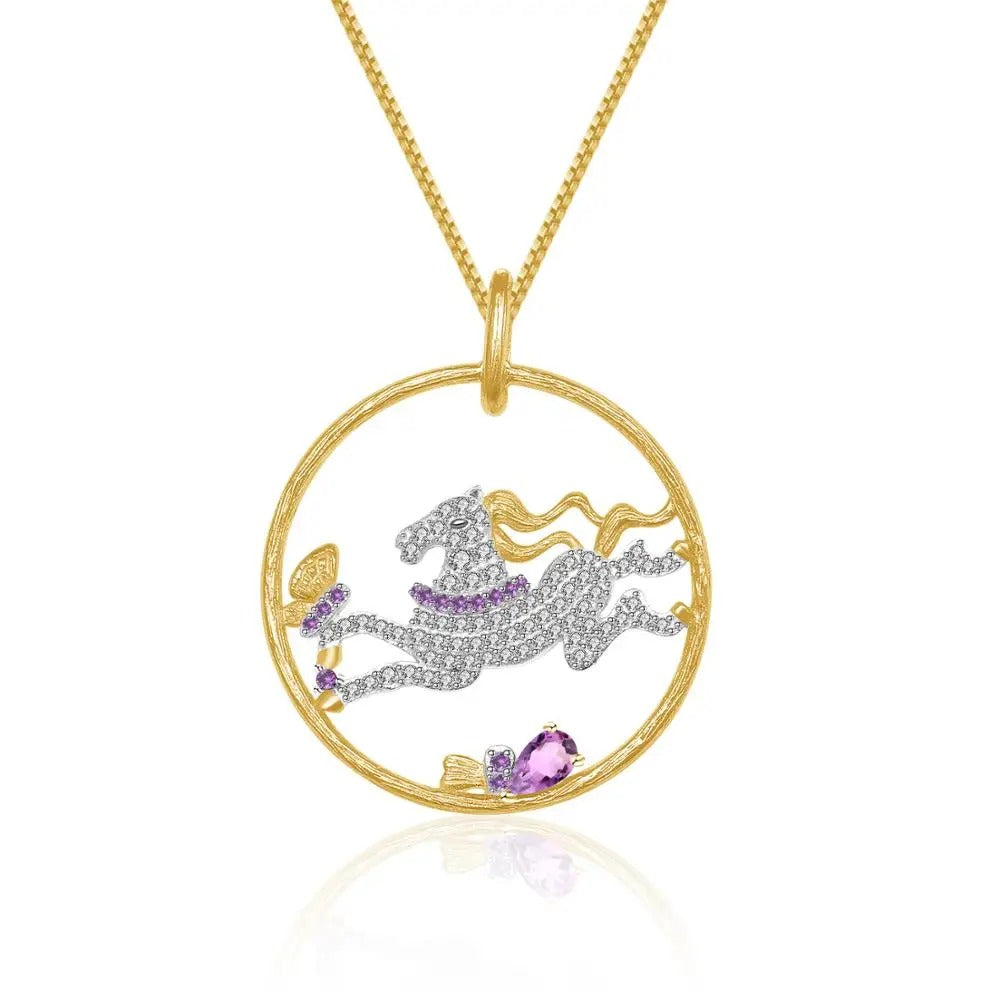 925 Sterling Silver Galloping Horse Pendant Necklace with Natural Amethyst – Gold Plated Fine Jewelry for Women