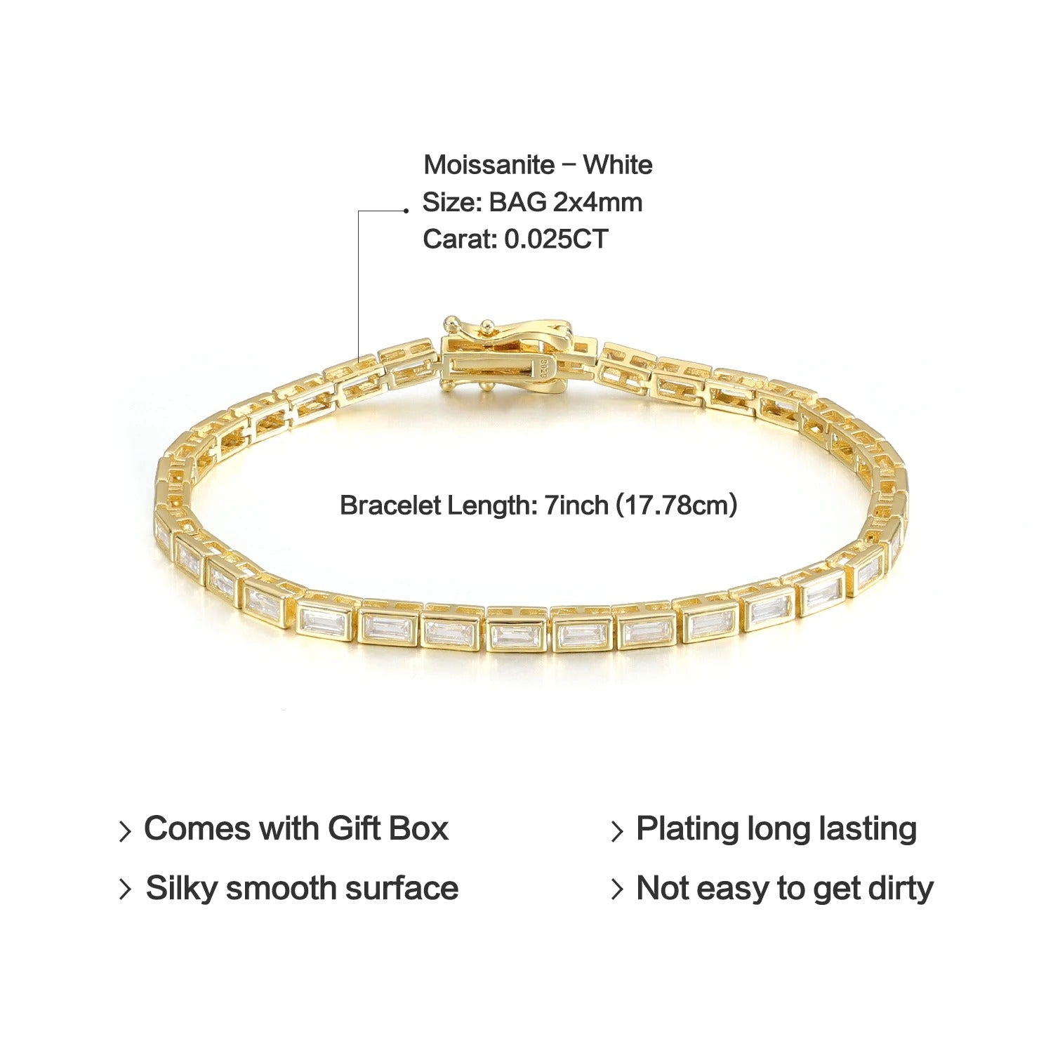 2×4mm Bezel Moissanite Tennis Bracelet in 925 Sterling Silver | 14K Gold Plated Eternity Bracelet