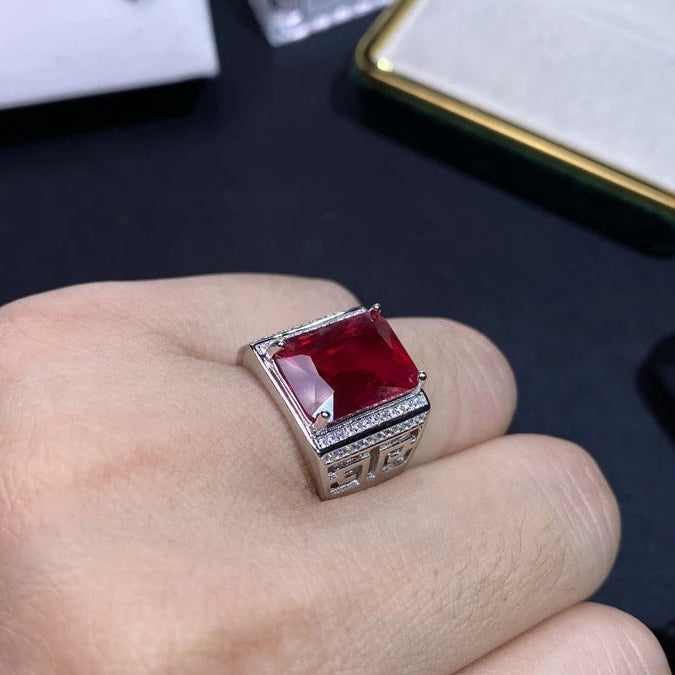 Men’s Natural Ruby Ring 925 Sterling Silver Square Gem Statement Jewelry