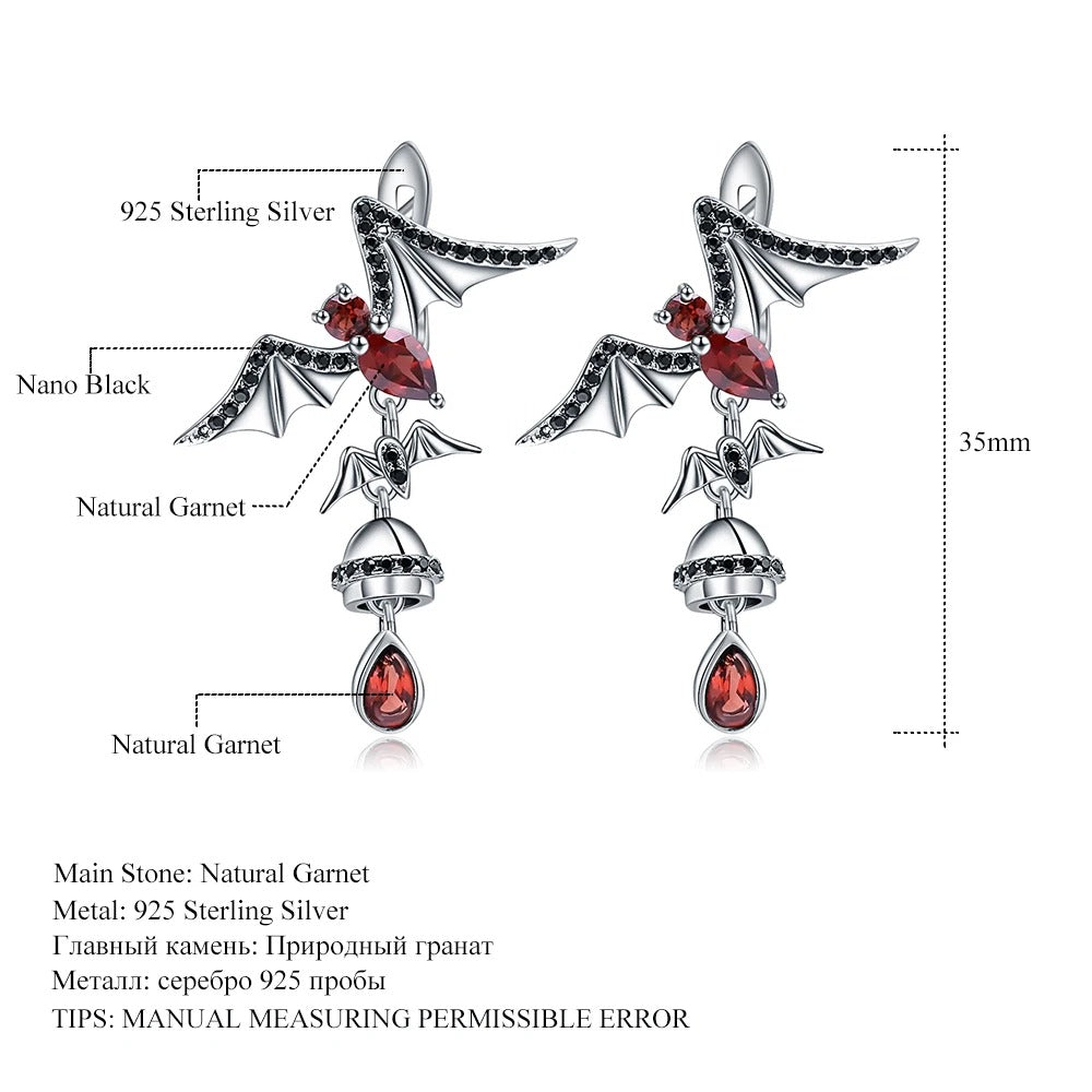 Natural Garnet Bat Drop Earrings – 925 Sterling Silver Gothic Punk Jewelry for Women