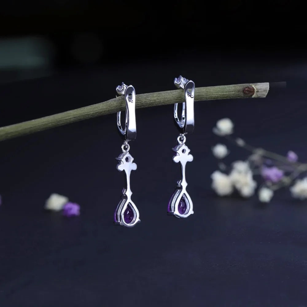 2.87Ct Natural Purple Amethyst Drop Earrings 925 Sterling Silver Vintage Flower