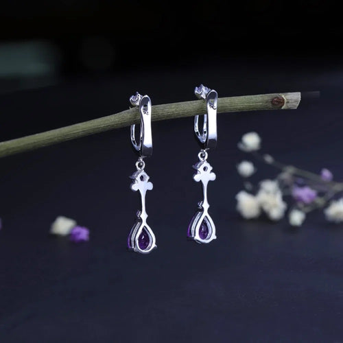 2.87Ct Natural Purple Amethyst Drop Earrings 925 Sterling Silver Vintage Flower