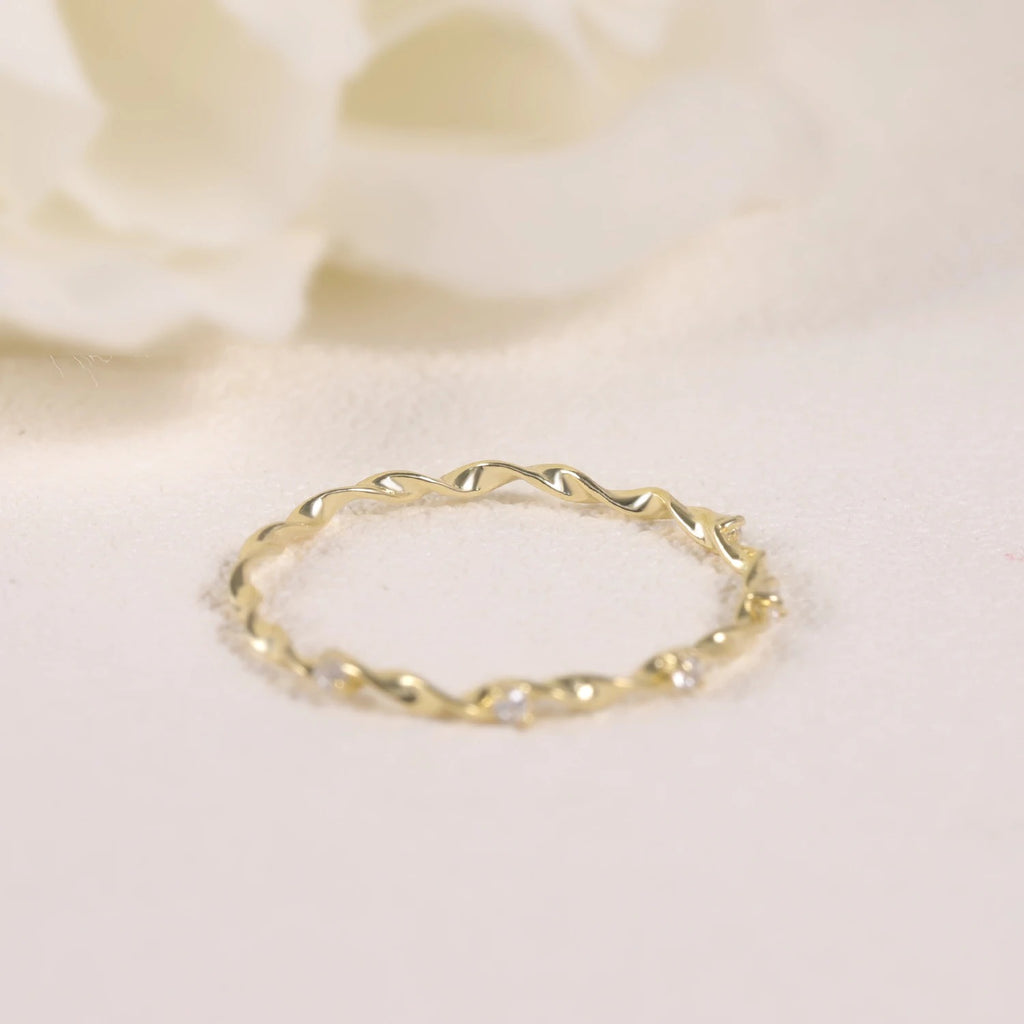 14K Gold Twisted Band Moissanite Ring – 925 Sterling Silver Stackable Wedding Band