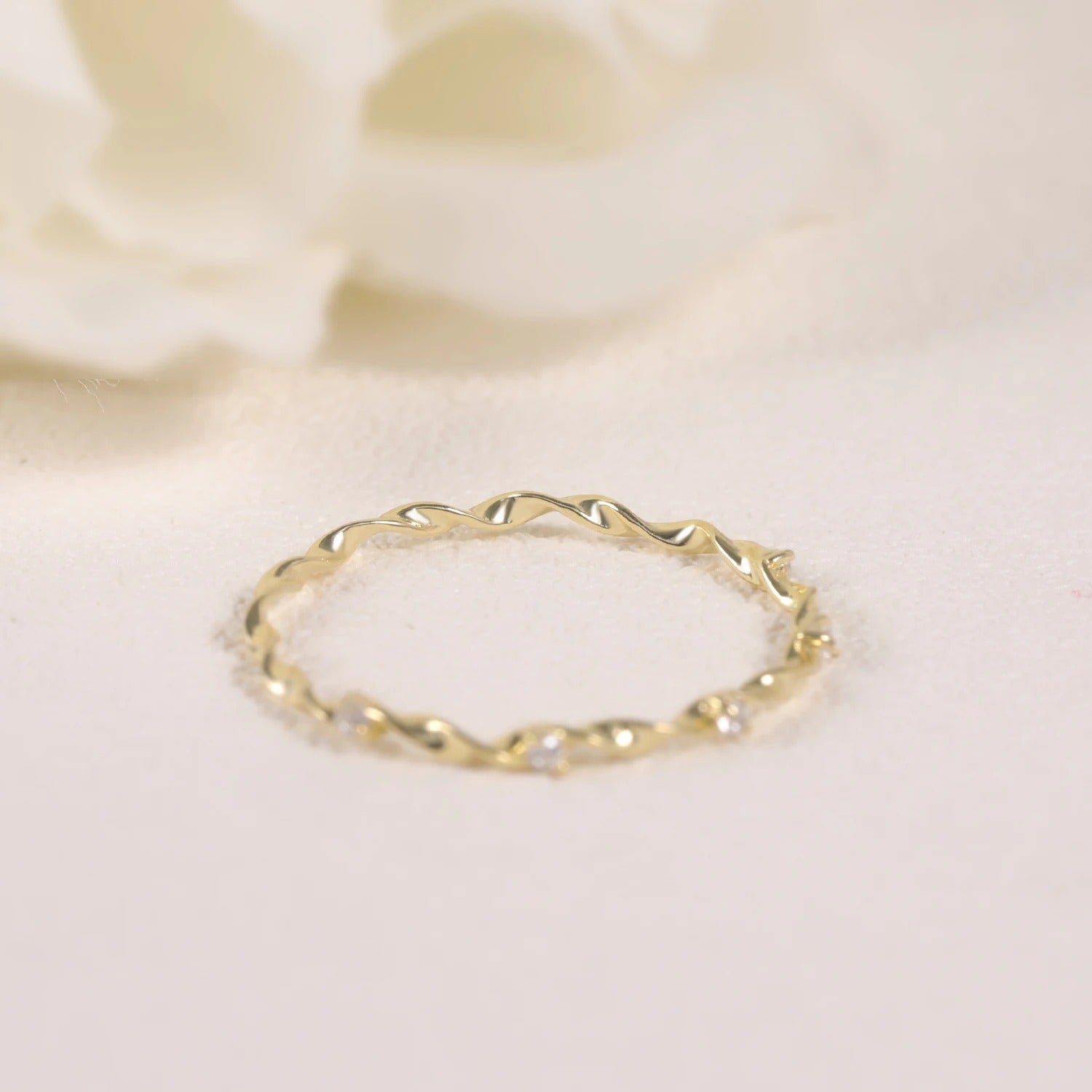 14K Gold Twisted Band Moissanite Ring – 925 Sterling Silver Stackable Wedding Band