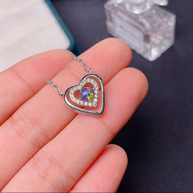 Natural Black Opal Heart Necklace – 925 Sterling Silver Fire Opal Pendant