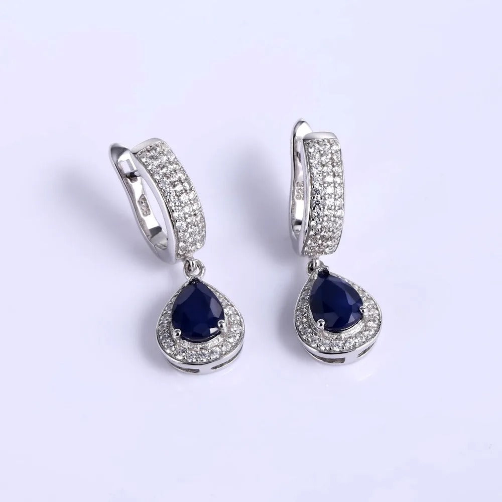 Classic Blue Sapphire Jewelry Set – 925 Sterling Silver Pendant, Earrings & Ring for Women