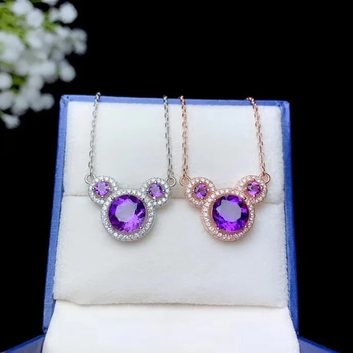 Cartoon Bear Amethyst Necklace – 925 Sterling Silver Cute Fairy Tale Pendant