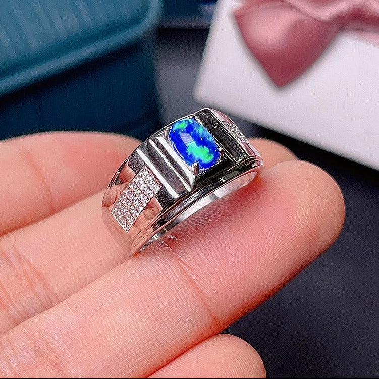 Natural Australian Opal Men’s Ring | Blue Fire 925 Sterling Silver