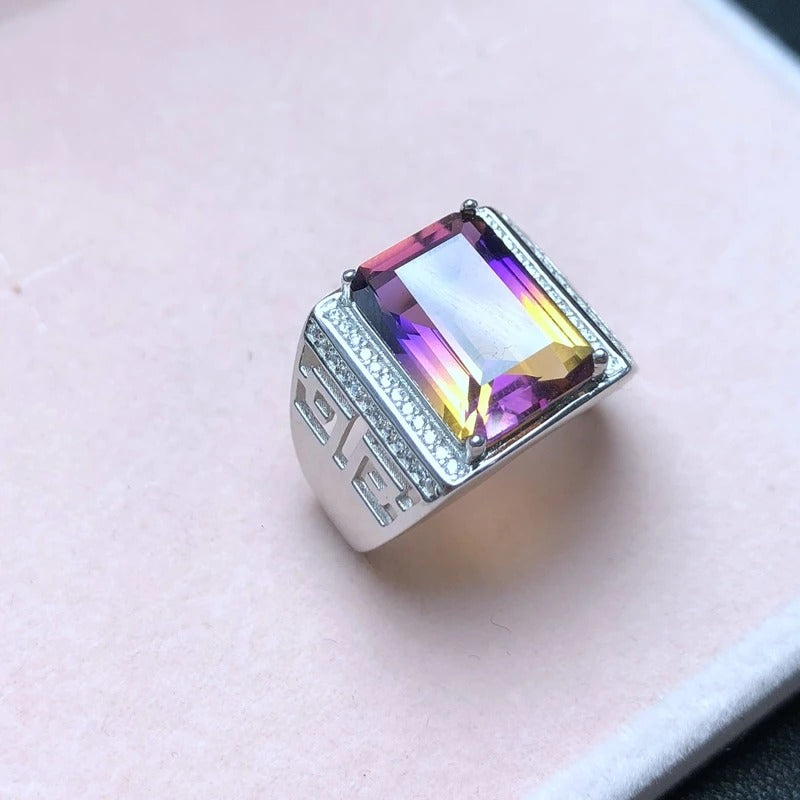 Natural Ametrine Men’s Ring in 925 Sterling Silver | Hollow Court Statement Ring