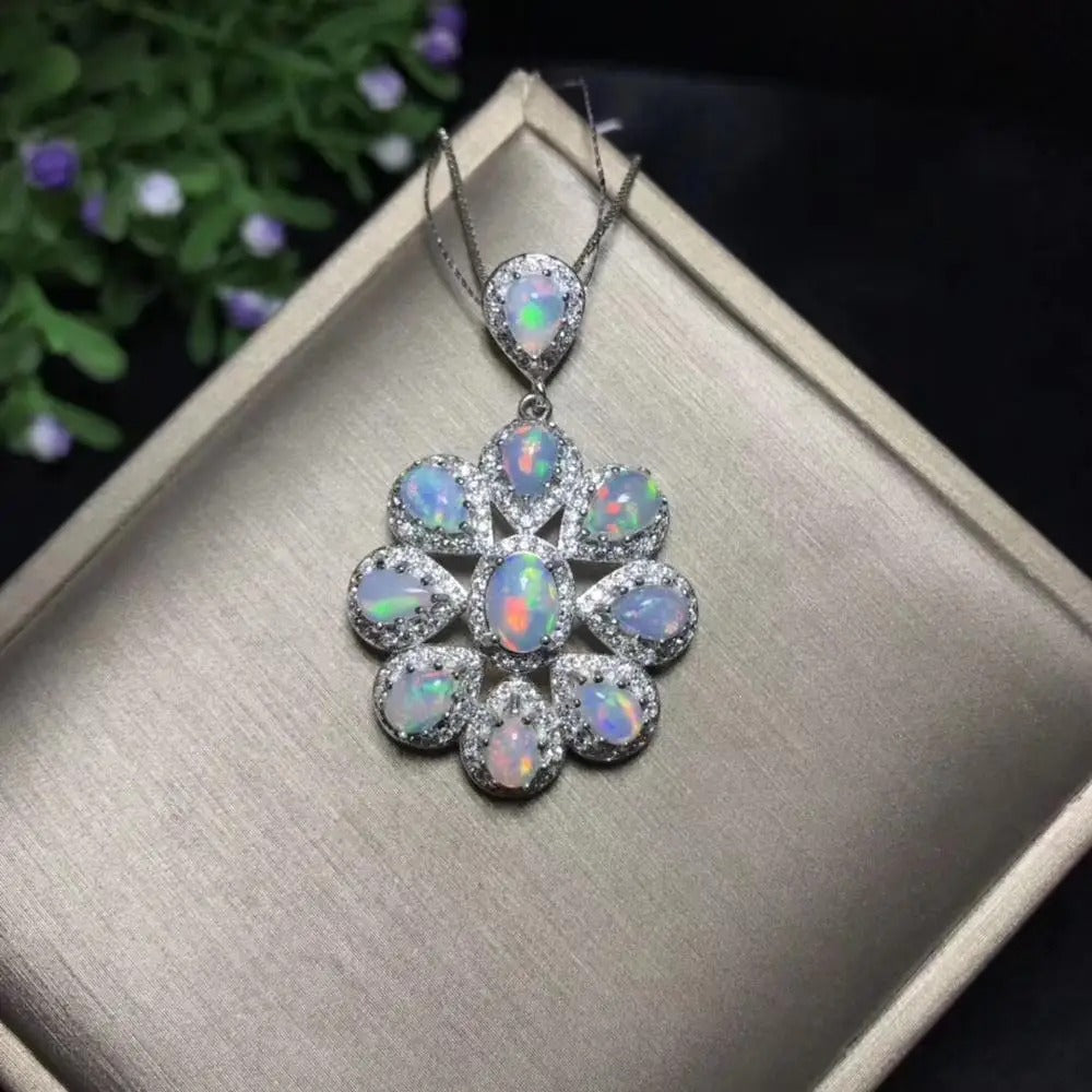Luxury Natural Opal Flower Necklace – 925 Sterling Silver Handmade Pendant