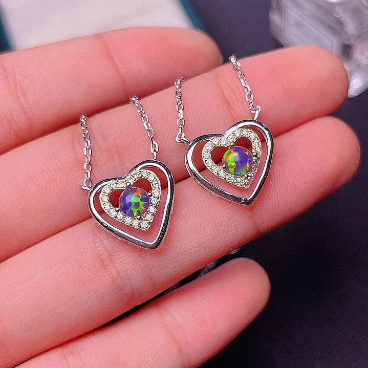 Natural Black Opal Heart Necklace – 925 Sterling Silver Fire Opal Pendant