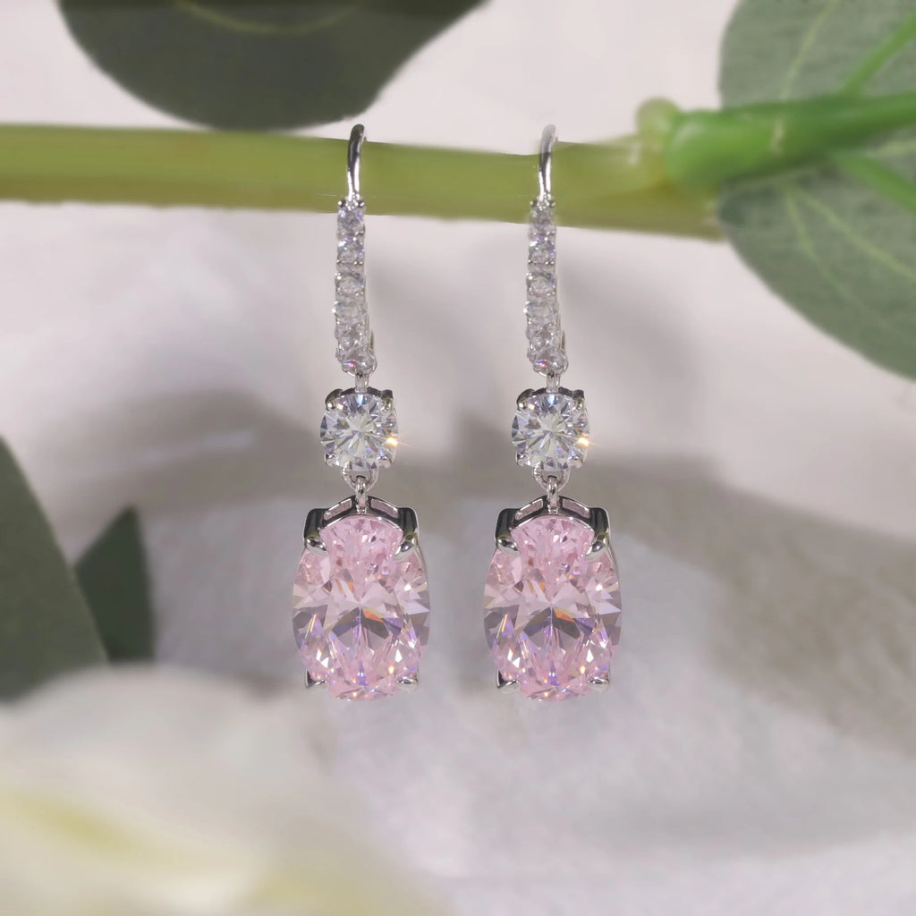 Diamond-Fire Pink CZ Drop Earrings | 925 Sterling Silver Fish Hook Earrings