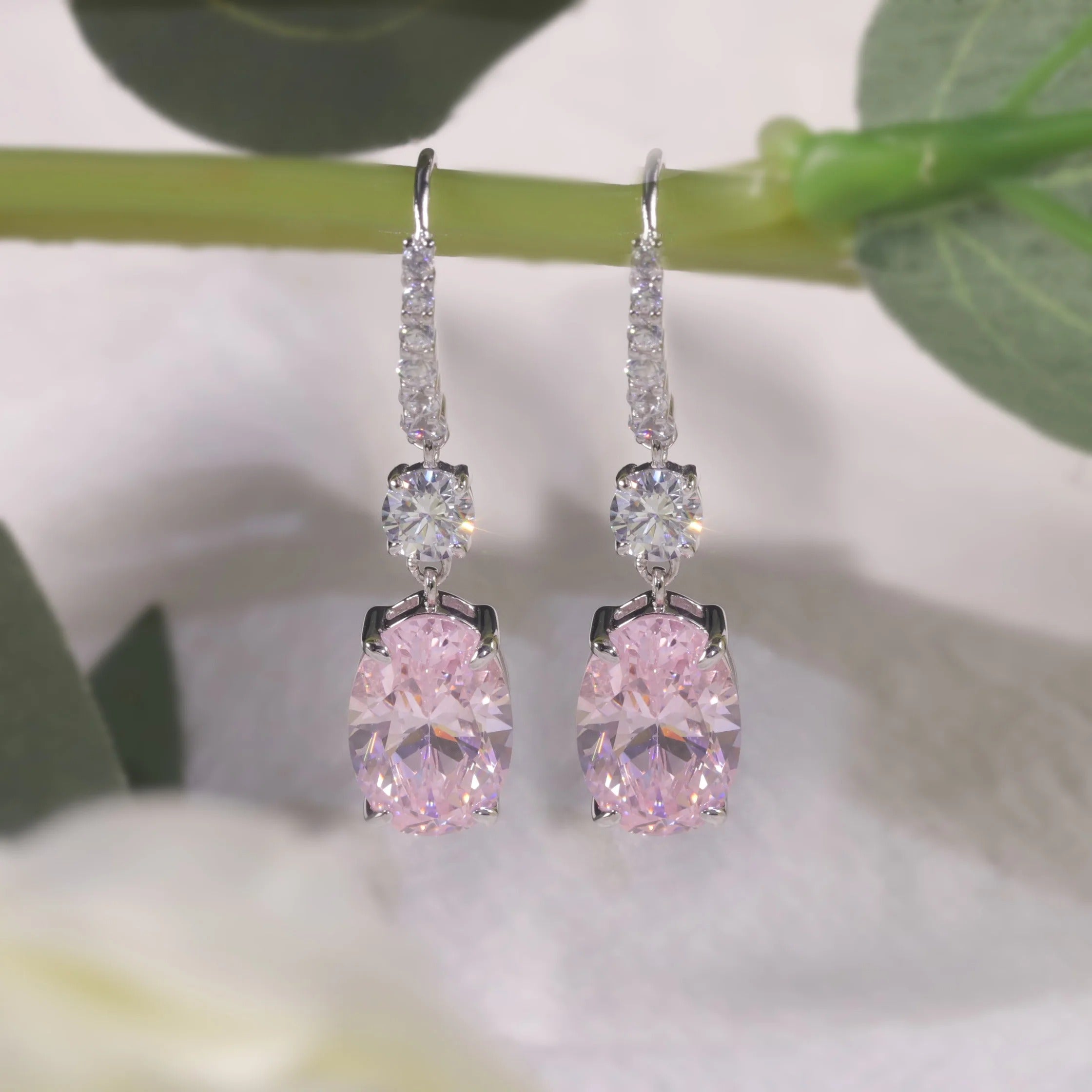 Diamond-Fire Pink CZ Drop Earrings | 925 Sterling Silver Fish Hook Earrings