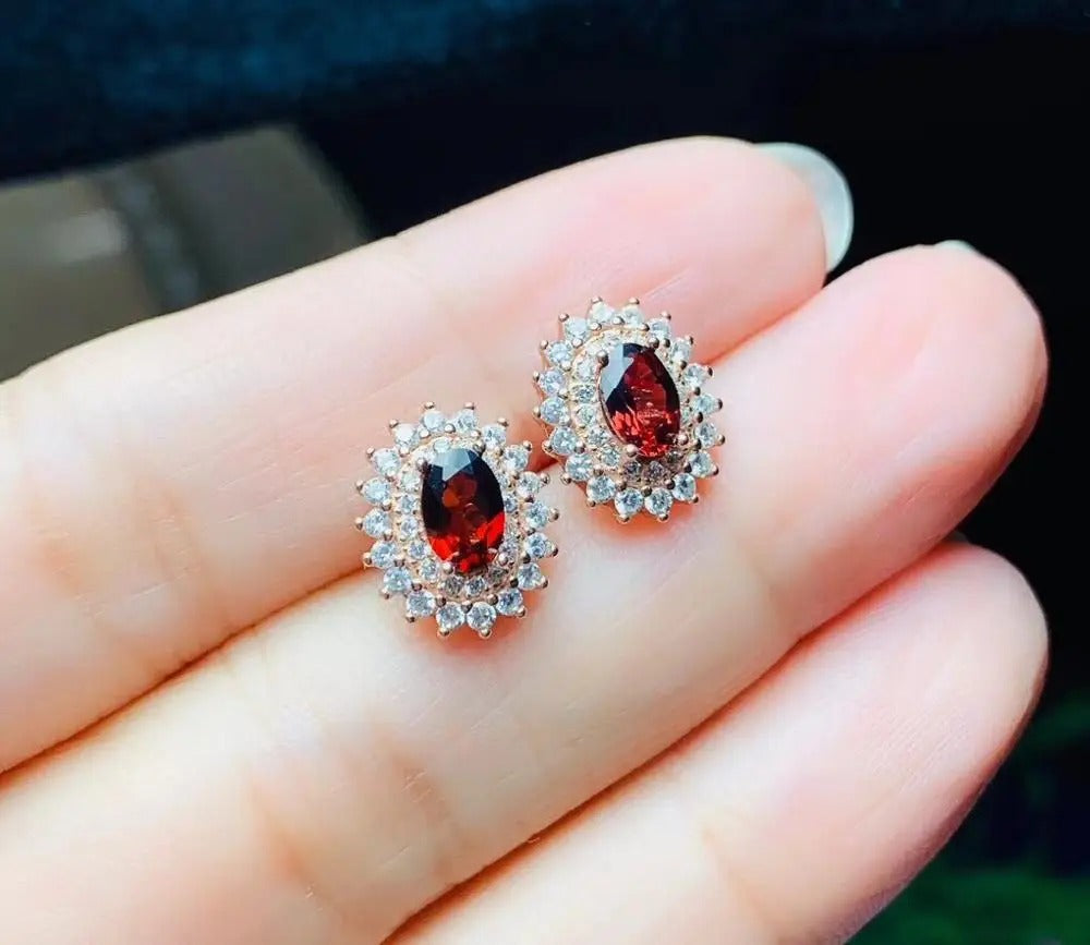 Natural Garnet Stud Earrings in 925 Sterling Silver | Elegant Red Gemstone Earrings for Women
