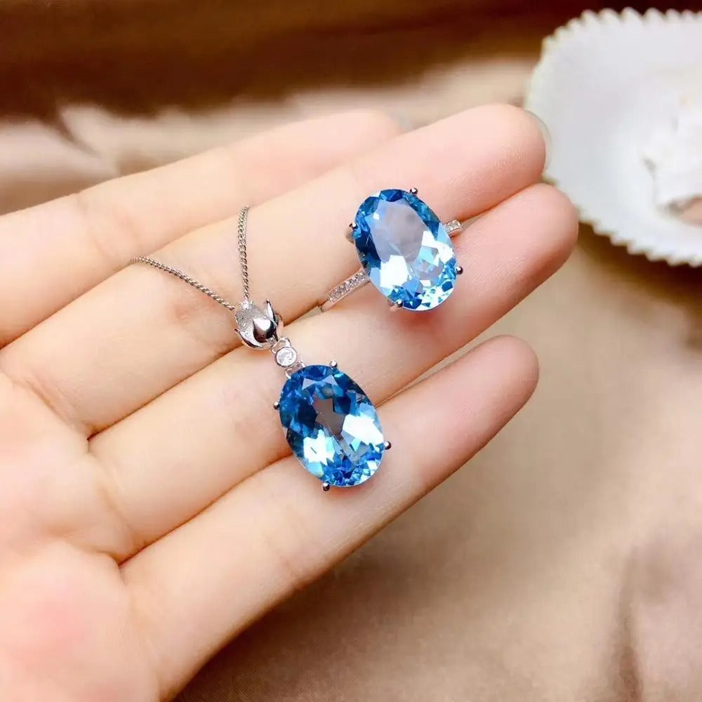 Blue Topaz 925 Sterling Silver Ring & Necklace Set