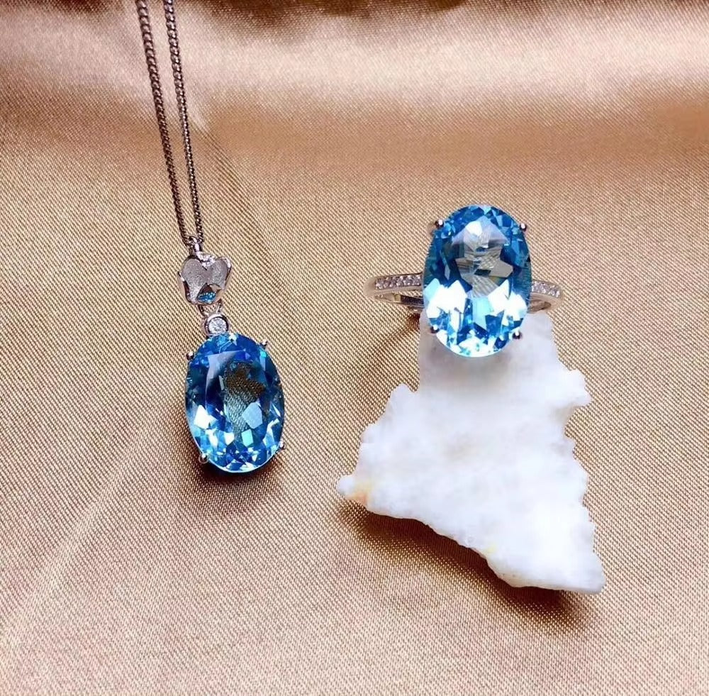 Blue Topaz 925 Sterling Silver Ring & Necklace Set