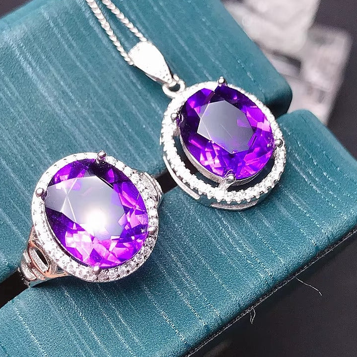 Brazil Amethyst 925 Sterling Silver Ring & Necklace Set
