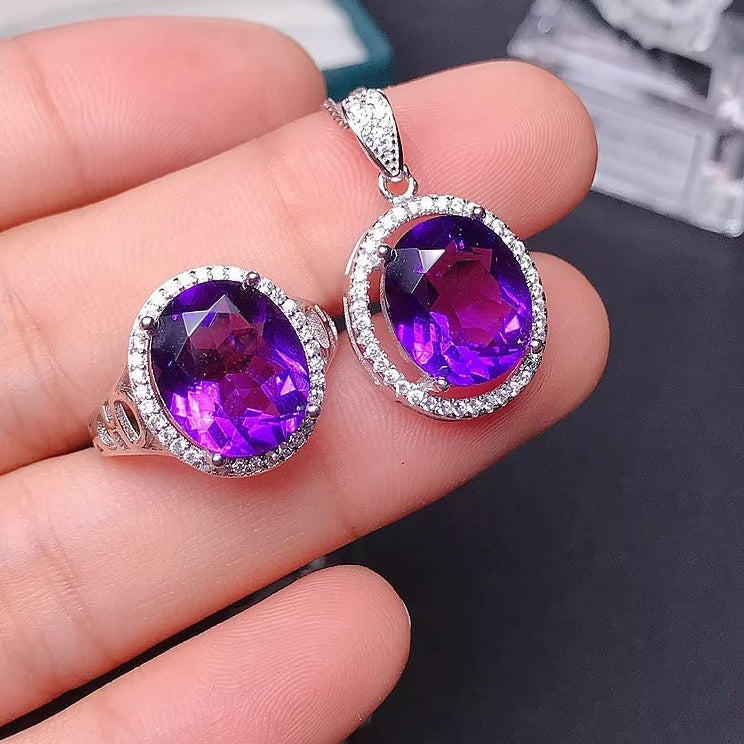 Brazil Amethyst 925 Sterling Silver Ring & Necklace Set