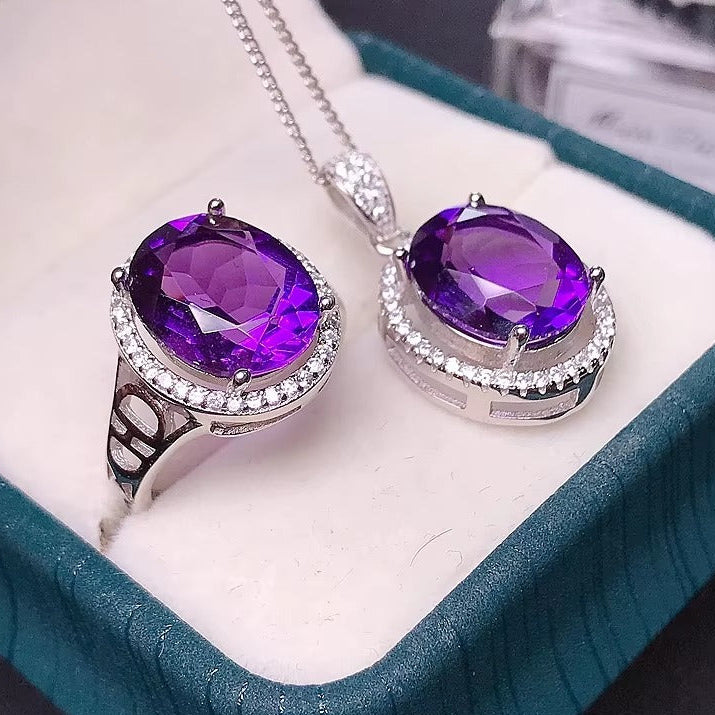 Brazil Amethyst 925 Sterling Silver Ring & Necklace Set