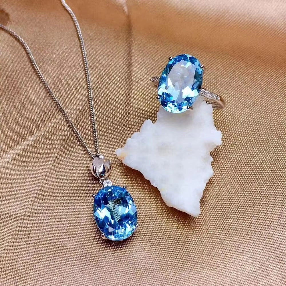 Blue Topaz 925 Sterling Silver Ring & Necklace Set