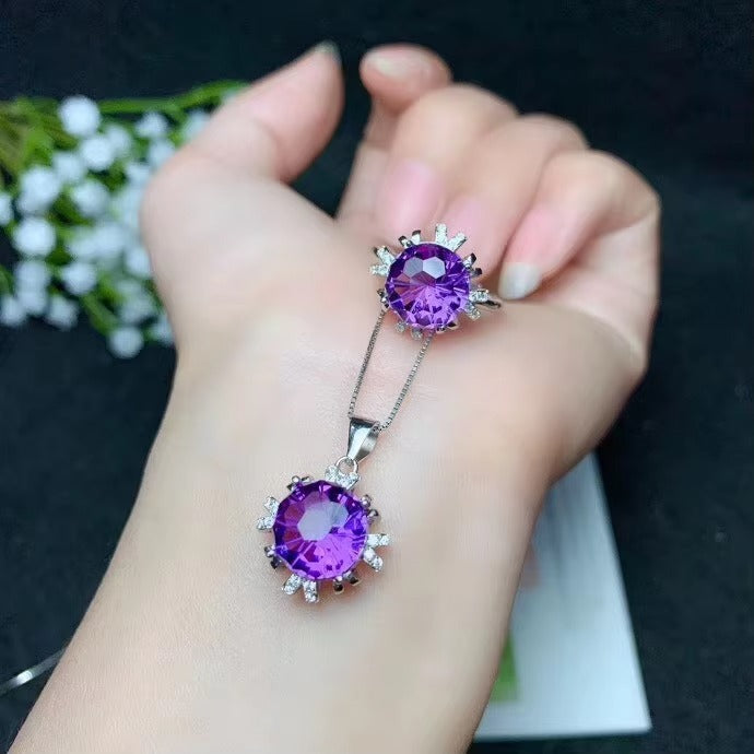 Natural Amethyst 925 Silver Ring & Necklace Set
