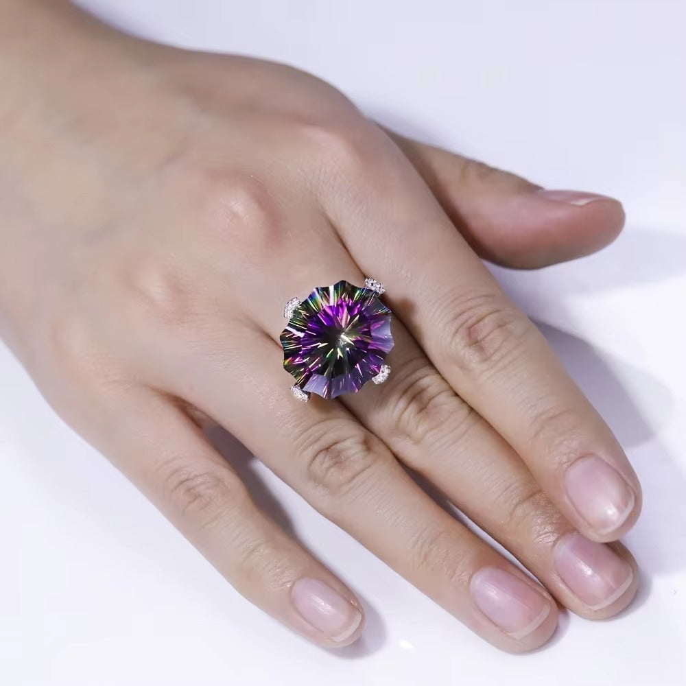 Natural Rainbow Mystic Quartz Cocktail Ring 925 Sterling Silver Vintage Statement Ring for Women