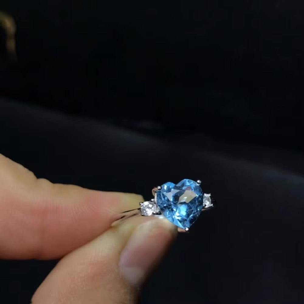 Natural Blue Topaz Heart Ring 925 Sterling Silver Classic Gemstone Ring for Women