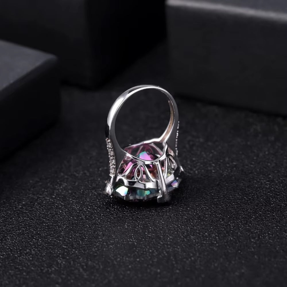 Natural Rainbow Mystic Quartz Cocktail Ring 925 Sterling Silver Vintage Statement Ring for Women