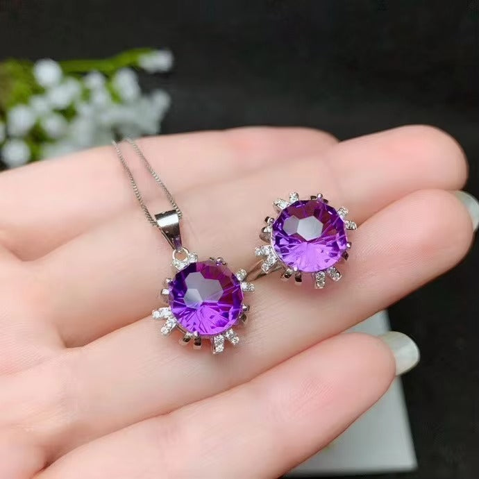 Natural Amethyst 925 Silver Ring & Necklace Set