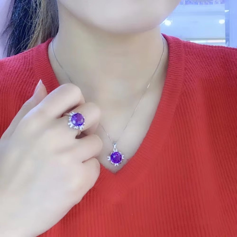 Natural Amethyst 925 Silver Ring & Necklace Set