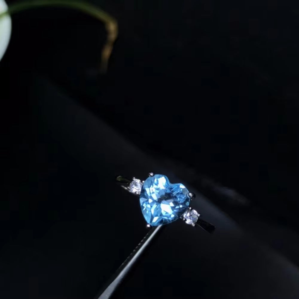 Natural Blue Topaz Heart Ring 925 Sterling Silver Classic Gemstone Ring for Women