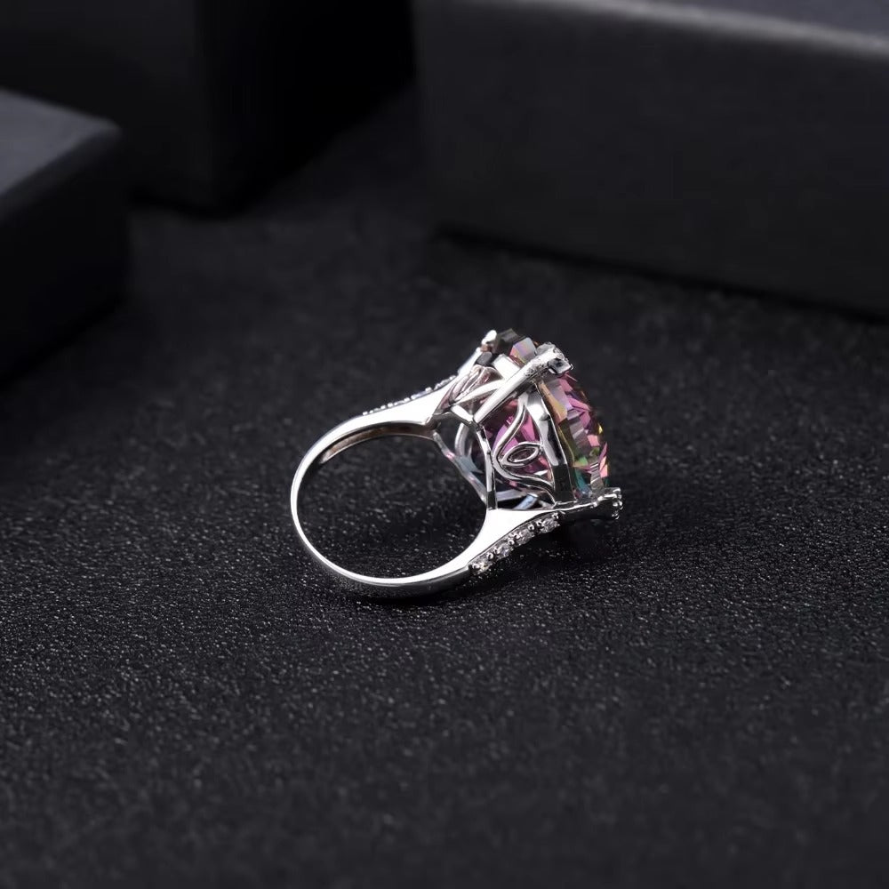 Natural Rainbow Mystic Quartz Cocktail Ring 925 Sterling Silver Vintage Statement Ring for Women