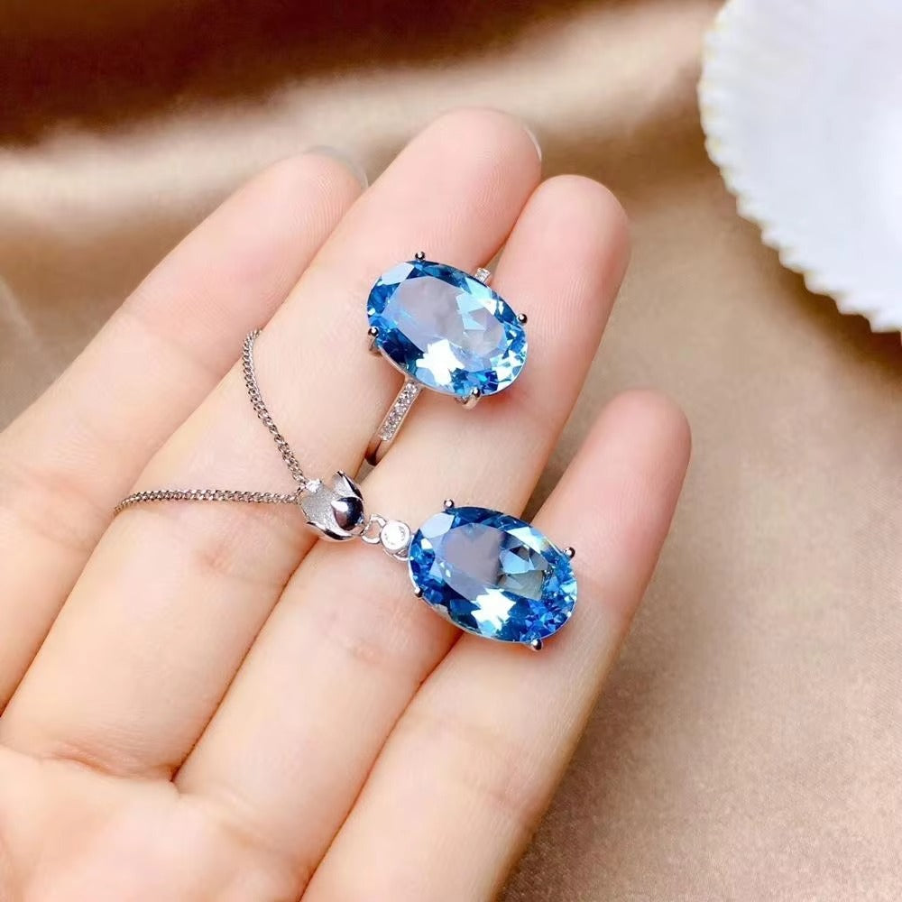 Blue Topaz 925 Sterling Silver Ring & Necklace Set