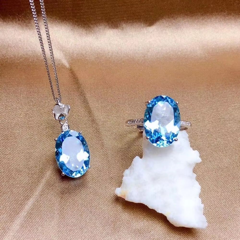 Blue Topaz 925 Sterling Silver Ring & Necklace Set